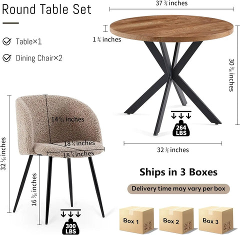 Dining Table set, MDF Table-top, Fuzzy Sherpa Armchairs with Wood Grain Metal Leg for Kitchen, Reception Room, Dining Table set