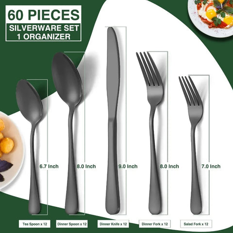 60-Piece Silverware Set with Organizer, Stainless Steel Flatware Set for 12, Cutlery Utensil Sets for Home Restaurant