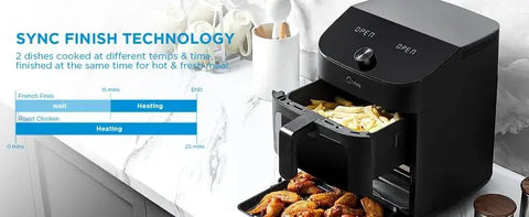 Mi dea 8 in 1 Dual Air Fryer 11 Quart with 2 Independent Frying Baskets Large Capacity Clear Windows, Smart Sync Finish