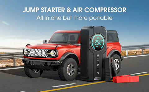 BUVAYE Car Jump Starter Air Pump Portable Air Compressor Multi-function Tire Inflator Auto Portable Battery Starter With EVA Bag