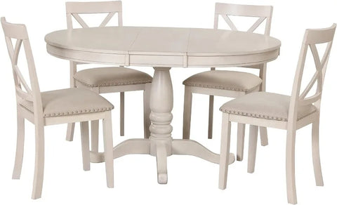 5-Piece Round Dining Table and Chair Set, Round Dining Table with Shelf, Wood Table Set for Family Dining Area