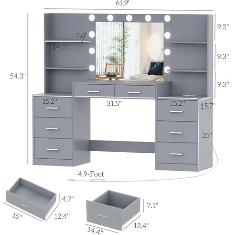 Makeup Vanity Table with Mirror & Lights, Vanity Desk with Power Strip, Large Drawer & Six Open Storage Dresser, 3 Lighting