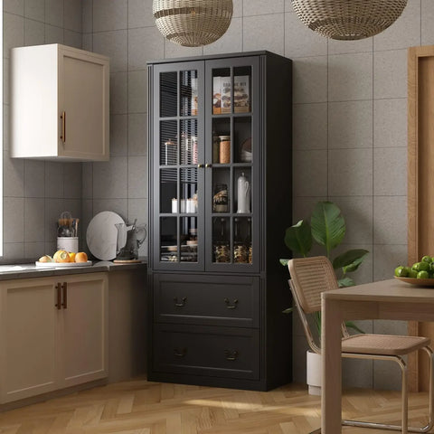 Pantry Cabinet Kitchen Storage Cabinet with 2-4 Drawers & Glass Doors, Kitchen Pantry with Adjustable Shelves