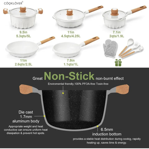 Nonstick Cookware Set Non Toxic 100% PFOA Free Compatible Induction Pots and Pans Sets with Glass Lid