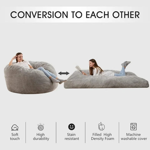 Giant Bean Bag Chair with Washable Chenille Cover Ultra Soft Convertible Bean Bag From Chair To Mattress Family - Grey Full Size