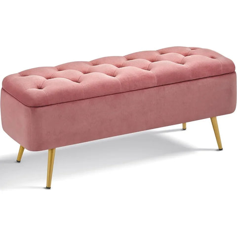 Ottoman 42 Inches Storage Bench with Storage Folding Polyester Boucle Foot Stool Bench Hinged Stool Footstool pink Bench