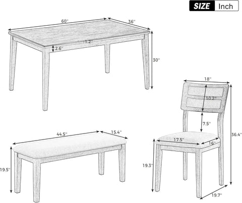 6 - Piece Dining Table Set, Includes Dining Table and 4 Upholstered Chairs & Bench, Kitchen Tables Set, Dining Tables Set