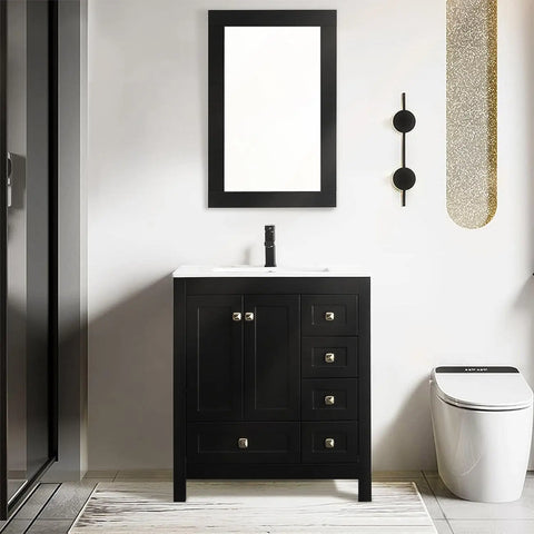 30" Bathroom Vanities Cabinet with Sink Combo Set, Undermount Ceramic Sink w/Thickened Wood, Matte Black Faucet