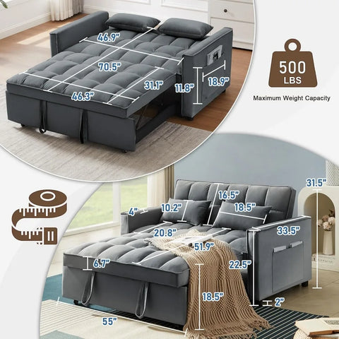 3-in-1 2-Seater Loveseat Pull Out Couch Reclining Backrest,Toss Pillows Pockets-Perfect for Small Spaces Velvet Sleeper Sofa Bed