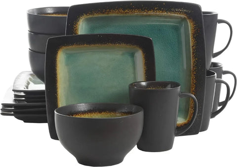 Square Reactive Glaze Stoneware Dinnerware Set, Service for 4 (16pcs),  Set Vaisselle Complet， Dishes and Plates Sets