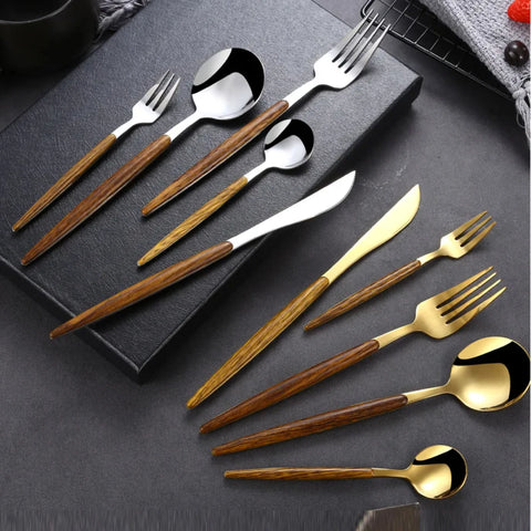 Elegant 30-piece Stainless Steel Gold Imitation Wooden Handle Dinnerware Cutlery Set with Coffee Spoon, Fork, and Silverware - P