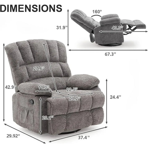 Oversized Rocker Recliner Chair for Adults, 360° Swivel Recliner Chair Ergonomic Chair, Overstuffed Manual Rocking Recliner，Grey