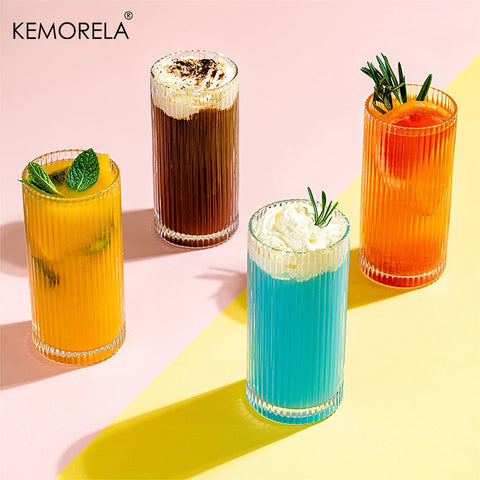 KEMORELA 8PCS Glass Cups Ribbed Glassware set Include 4 Large Glasses 17 oz 4 Glass Cups 10 oz Vintage Glassware Cocktail Glass