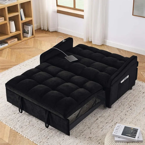 3 in 1 Sleeper Sofa Couch Bed with USB & Type C Port, 52" Small Modern Convertible Tufted Velvet Loveseat Sofa w/Pull Out Bed