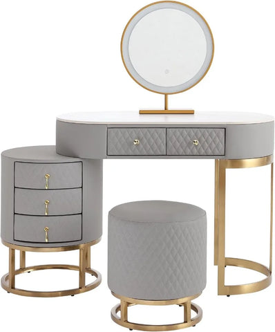 Luxury Faux Leather Vanity Desk with Mirror Makeup Table with Drawers & Vanity Stool