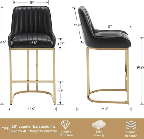 Modern Counter Height Bar Stools Set of 2 Green Bar Stools with Back/Gold Legs Upholstered Velvet Barstools 26''