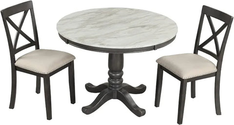 5-Piece Round Dining Table and Chair Set, Round Dining Table with Shelf, Wood Table Set for Family Dining Area