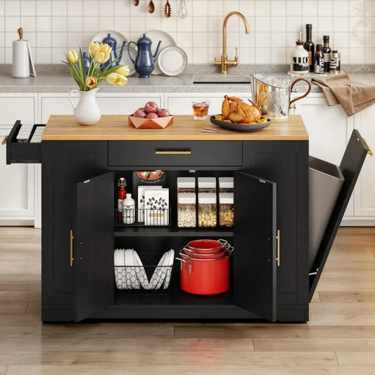 Large Rolling Kitchen Island with Trash Can Locker, Portable Mobile Island Long Float, 13 Gallon Trash Can 2 Drawers, Black