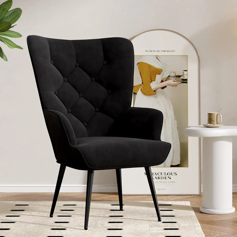 Mid Century Accent Chair, Velvet Upholstered Armchair with Metal Legs,Tufted Button Wingback Side Chair, High Back Reading Chair