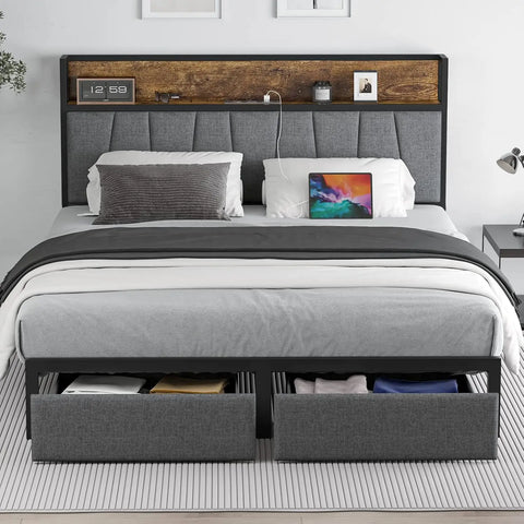 Bed Frame with Headboard and Storage, King size Platform Bed Frame with Drawers Storage Chargin Station LED Light Bed Frame