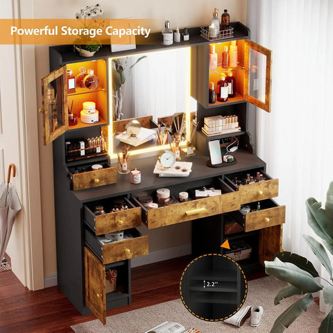 Makeup Vanity Desk with Mirror and Lights in 3 Colors, Dressing Vanity Table with Charging Station, Large Vanity Mirror NEW USA