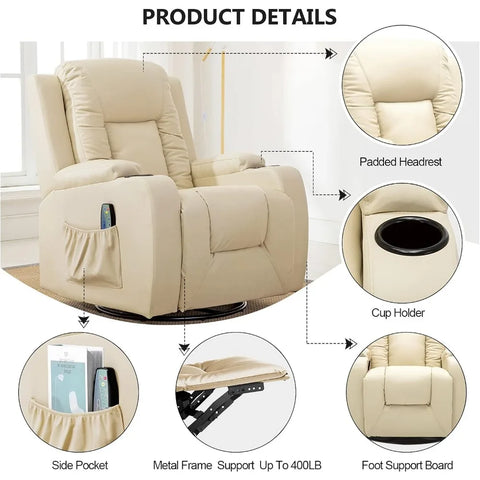 Recliner Chair, PU Rocking Chair for Adults, Swivel Recliner with Cup Holders, Heat and Massage, Single Sofa Seat