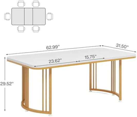 Modern Dining Table for 4-6 People, 63-Inch White Rectangular Kitchen Table Dining Room Table with Metal Frame