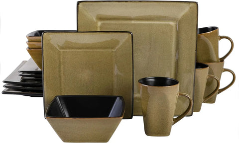 Square Reactive Glaze Stoneware Dinnerware Set, Service for 4 (16pcs),  Set Vaisselle Complet， Dishes and Plates Sets