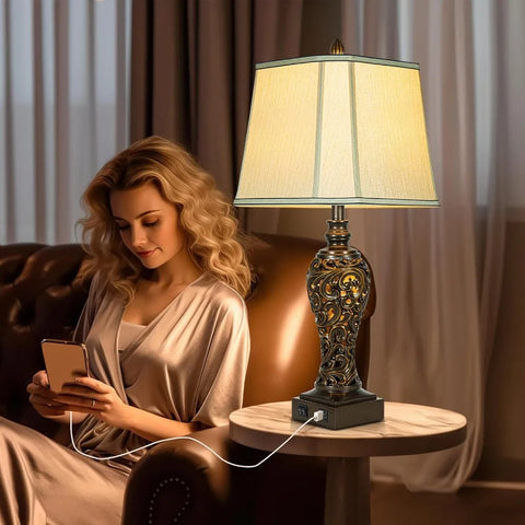 28.5" high Vintage Brown Table Lamps Set of 2 - Bedside Lamp with Faux Silk Shades Perfect for  Bedrooms (Led Bulb Included)