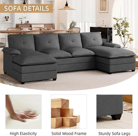 Sectional Couches for Living Room U-Shaped Couch 4 Seat Sofa Set with Double Chaises Modern Fabric Modular Sectional Sofa