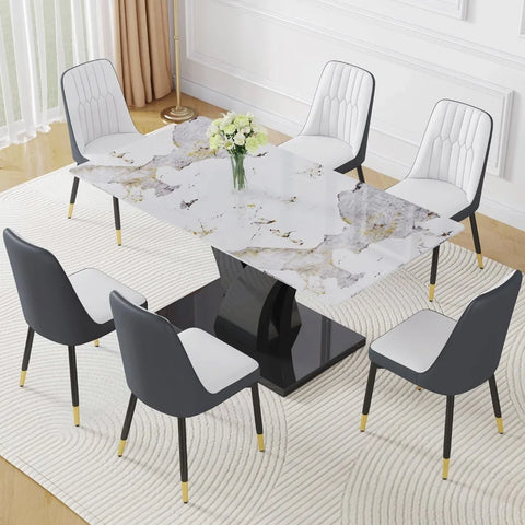 Modern Dining Room Table Set for 6, Faux Marble Kitchen Table and 6 PU Leather Chairs, 67” Rectangular Tempered Glass Table Set