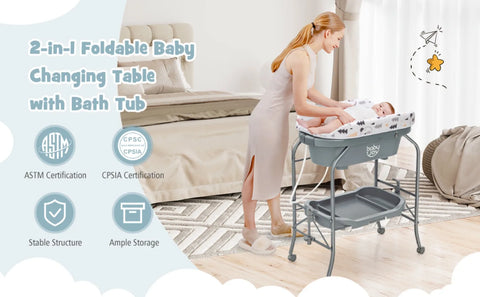 BABY JOY Baby Bathtub with Changing Table, Foldable Infant Diaper Changing Station with Storage Tray, Waterproof Pad, Portable