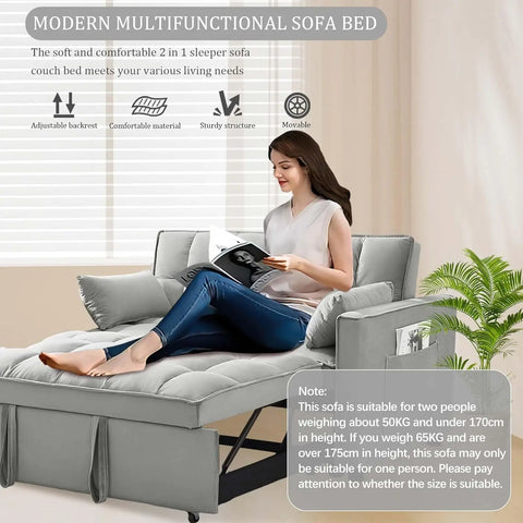 3 in 1 Sleeper Sofa Couch Bed, Velvet Convertible Sleeper Sofa w/3 Level Adjustable Backrest,Storage Pockets,Toss Pillows, Grey