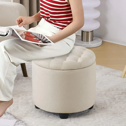 Round Storage Ottoman,Button Tufted Ottoman Foot Stools Ottoman Footstool with Removable Lid Storage Ottoman for Living Room,