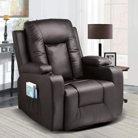 Leather Recliner Chair Modern Rocker with Heated Massage Ergonomic Lounge 360 Degree Swivel Single Sofa Seat