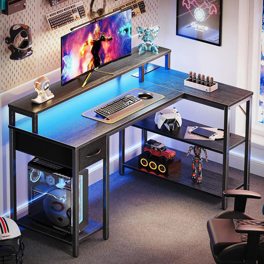 47 inch Reversible L Shaped Desk with LED Lights & Power Outlets, Computer Desk with Shelves & Monitor Stand, Gaming D