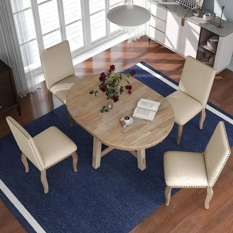 5-Piece Round Dining Table and Chair Set, Round Dining Table with Shelf, Wood Table Set for Family Dining Area