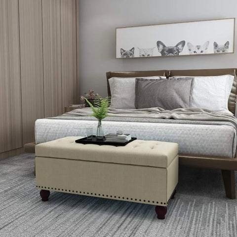 Linen Fabric Rectangle Tufted Lift Top Storage Ottoman Bench, Footstool with Solid Wood Legs Upholstered Storage Bench (Beige)