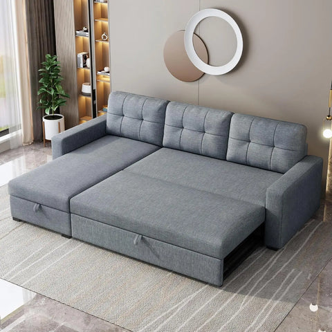 81.5" Sectional Sofa with Storage Chaise & Pull-Out Bed,L-Shape Convertible Corner Couch W/ 3 Back Cushions