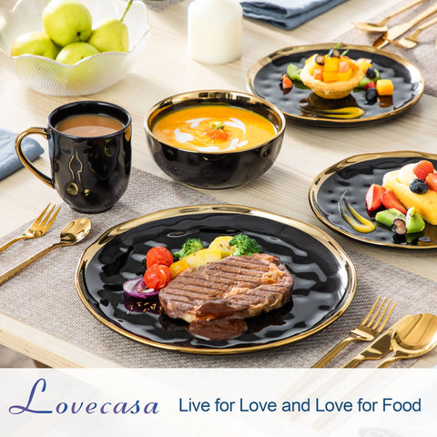 LOVECASA 16/32 Piece Black Porcelain Dinnerware Set with Gold Trim Dessert Plate,Dinner Plate,Cup,Bowl Tableware Set