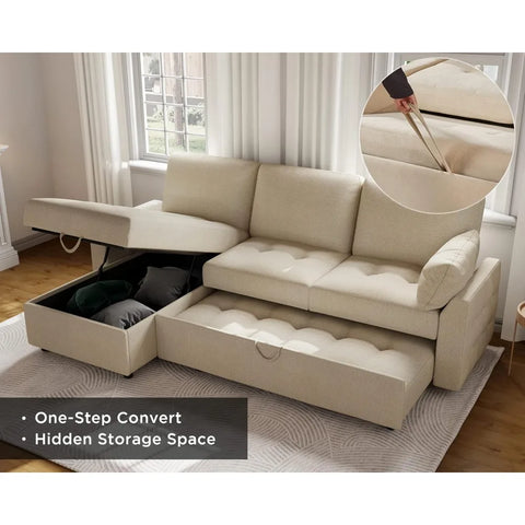 Pull Out Sofa Bed, Modern Tufted Convertible Sleeper Sofa, L Shaped Sofa Couch with Storage Chaise, Chenille Sectional Couch Bed