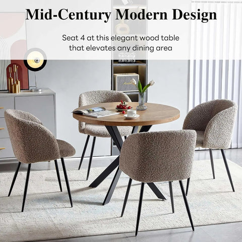 Dining Table set, MDF Table-top, Fuzzy Sherpa Armchairs with Wood Grain Metal Leg for Kitchen, Reception Room, Dining Table set