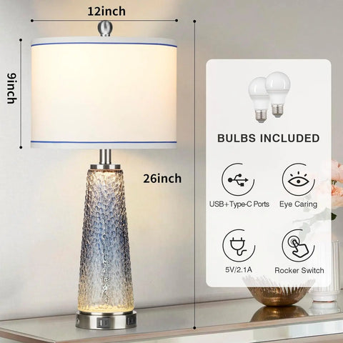 Glass Table Lamps for Living Room, 26" Modern Table Lamps with USB A+C Ports & AC Outlet, Touch Control Bedside Nightstand