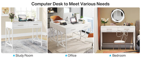 Modern White 41 Inches Computer Desk with 2 Drawers Home Office Bedroom Table Study Writing Desk Metal Frame