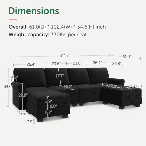 Sectional Sofa with Storage Seat Velvet U Shaped Sectional Couch with Chaise Convertible Sectional Couches for Living Room