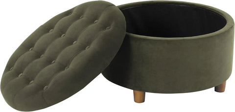 Home Decor | Large Button Tufted Velvet Round Storage Ottoman | Ottoman with Storage for Living Room & Bedroom, Loden Gr