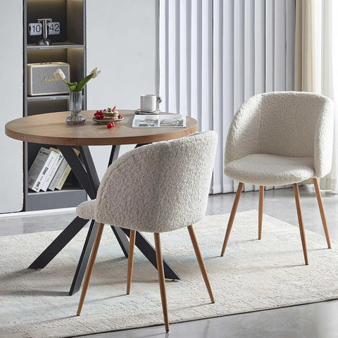 Dining Table set, MDF Table-top, Fuzzy Sherpa Armchairs with Wood Grain Metal Leg for Kitchen, Reception Room, Dining Table set