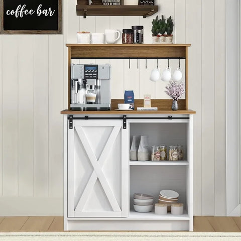 4ever2buy Farmhouse Coffee Bar Cabinet with 6 Hooks, White Coffee Bar with Storage, Kitchen Buffet Cabinet with Adjustable Shelv