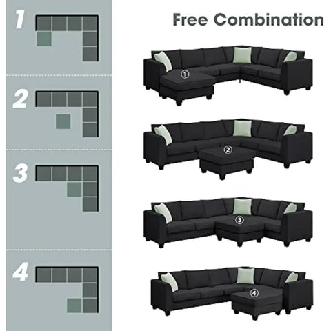 Living sofa,Modern Large U, 7 Seat Fabric Set with Movable Ottoman, L Shape Sectional Sofa Corner Couch with 3 Pillows