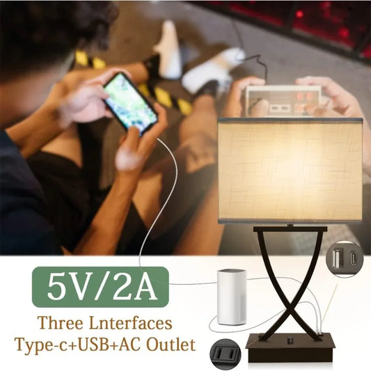 Dimmable Table Lamp for Bedroom with Type C/USB Charging Port and 1 AC Outlet White Linen Shade 21.38" Bedside Nightstand Lamp